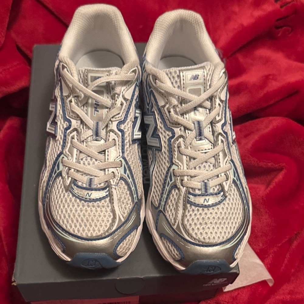 New Balance Kids White and Blue Mesh Sneakers